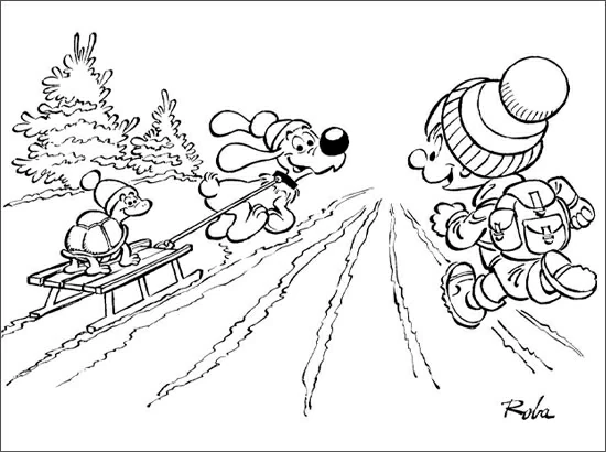 Billy and Buddy sledding in the snow coloring page