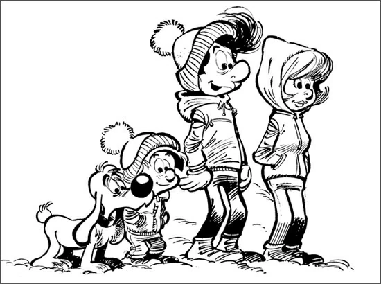 Billy and Buddy on a snowy mountain walk coloring page