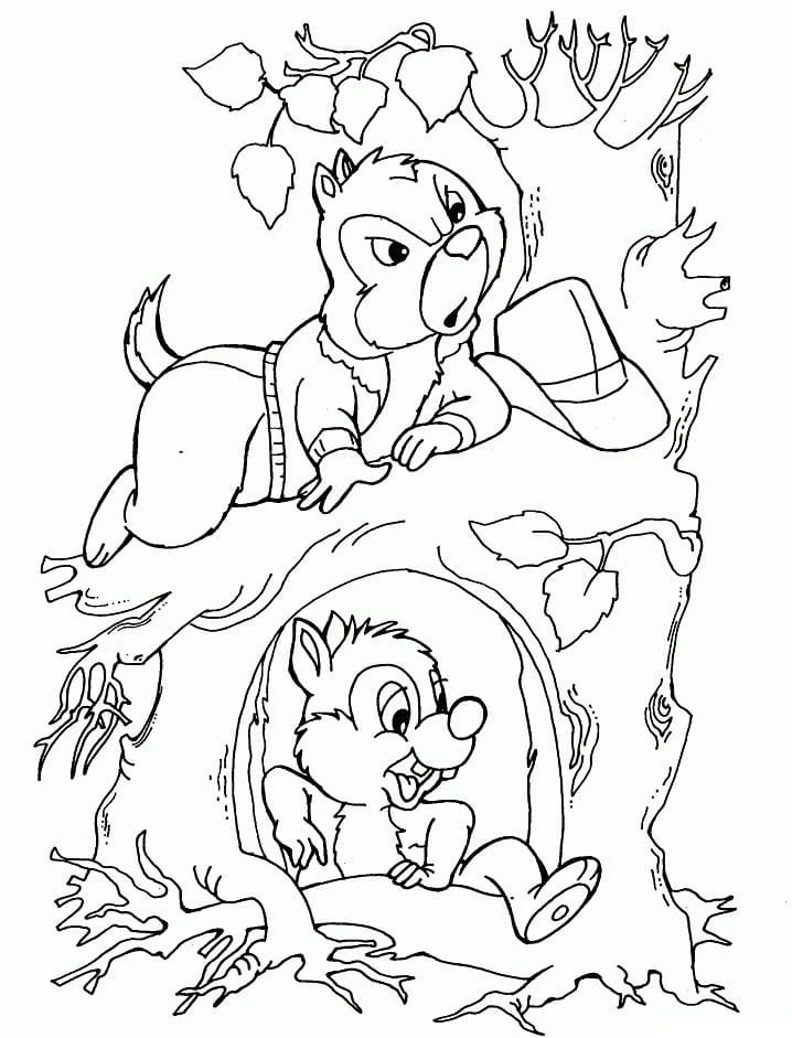 Chip and Dale exploring a tree hollow coloring page