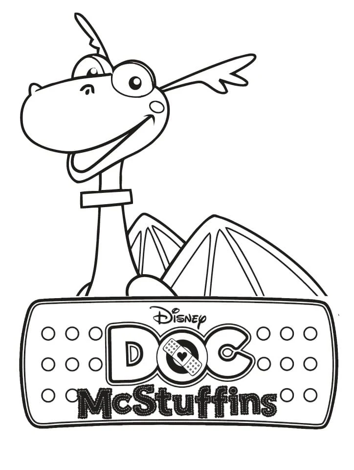 Toufy the Dragon behind the Doc McStuffins logo coloring page