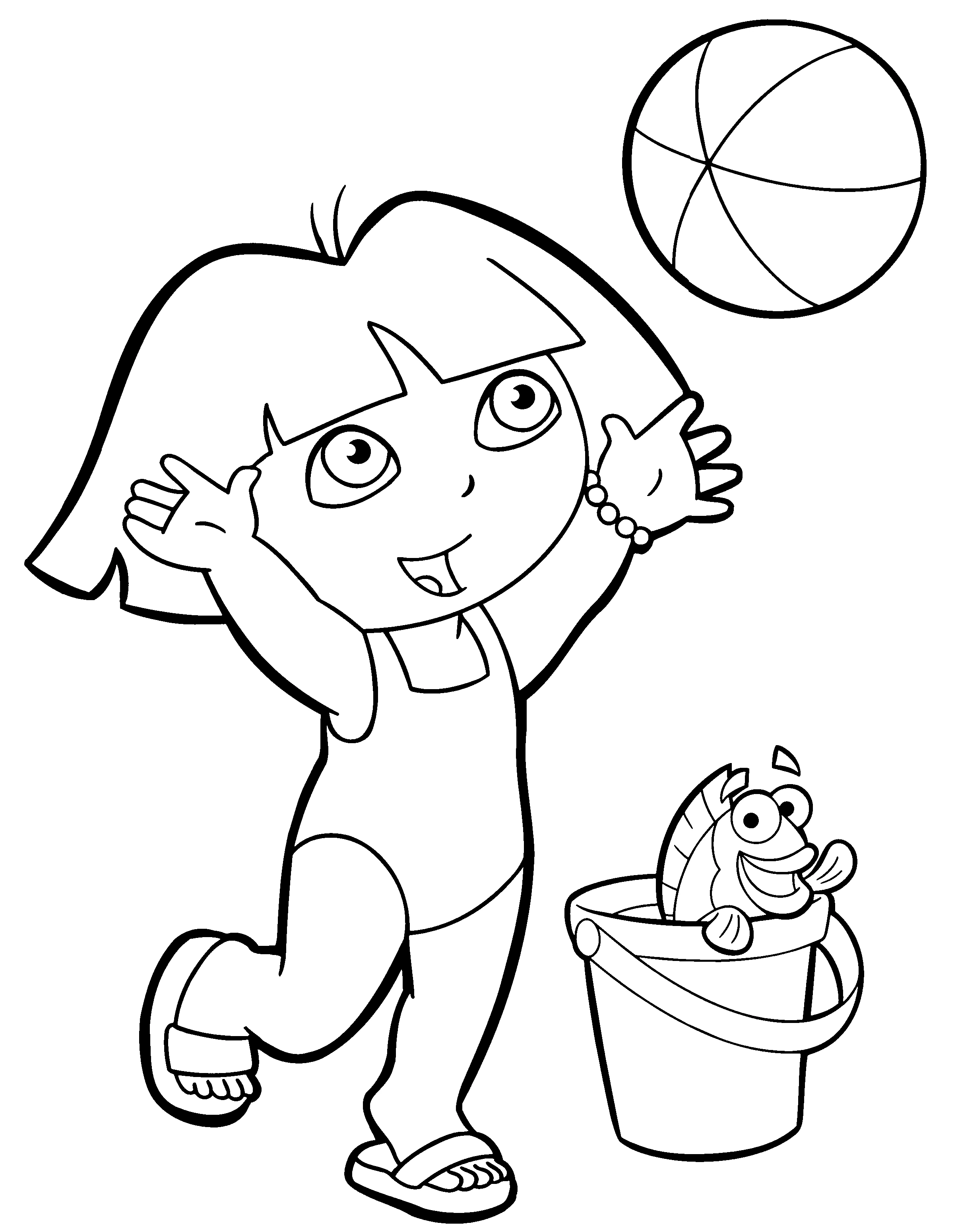 Dora playing with a ball at the beach coloring page