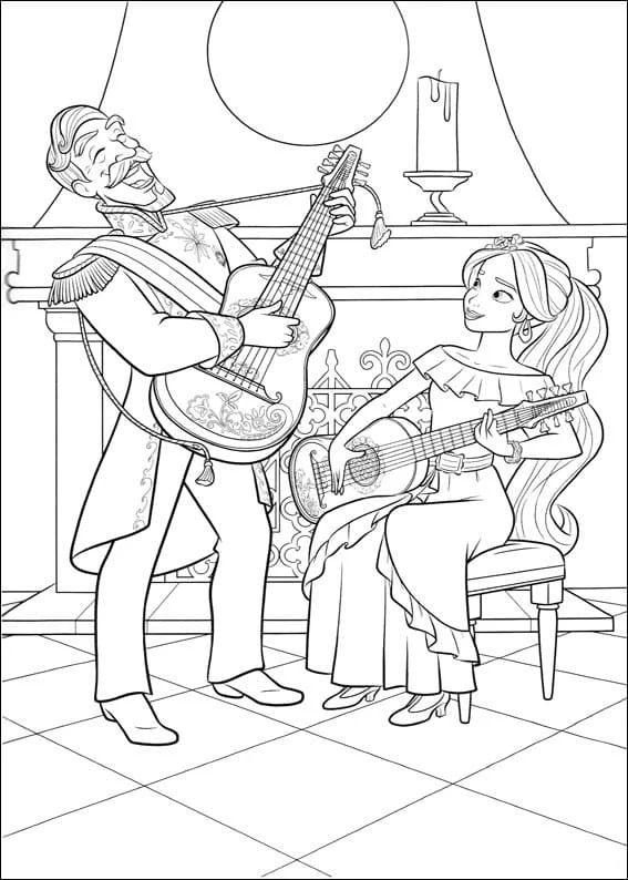 Elena of Avalor playing guitar with her grandfather coloring page