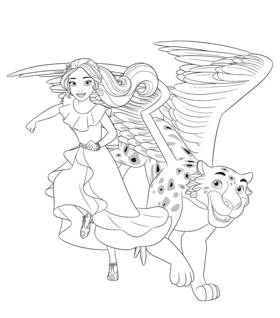 Elena of Avalor flying with a winged jaguar coloring page Elena of Avalor flying with a winged jaguar coloring page