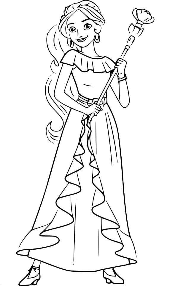Elena of Avalor holding her royal scepter coloring page