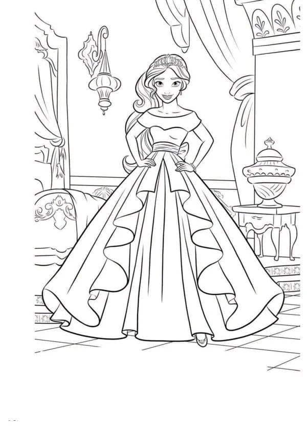 Elena of Avalor in an elegant gown coloring page