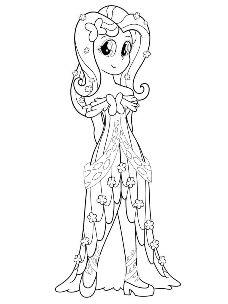 Fluttershy in an elegant flowing gown coloring page