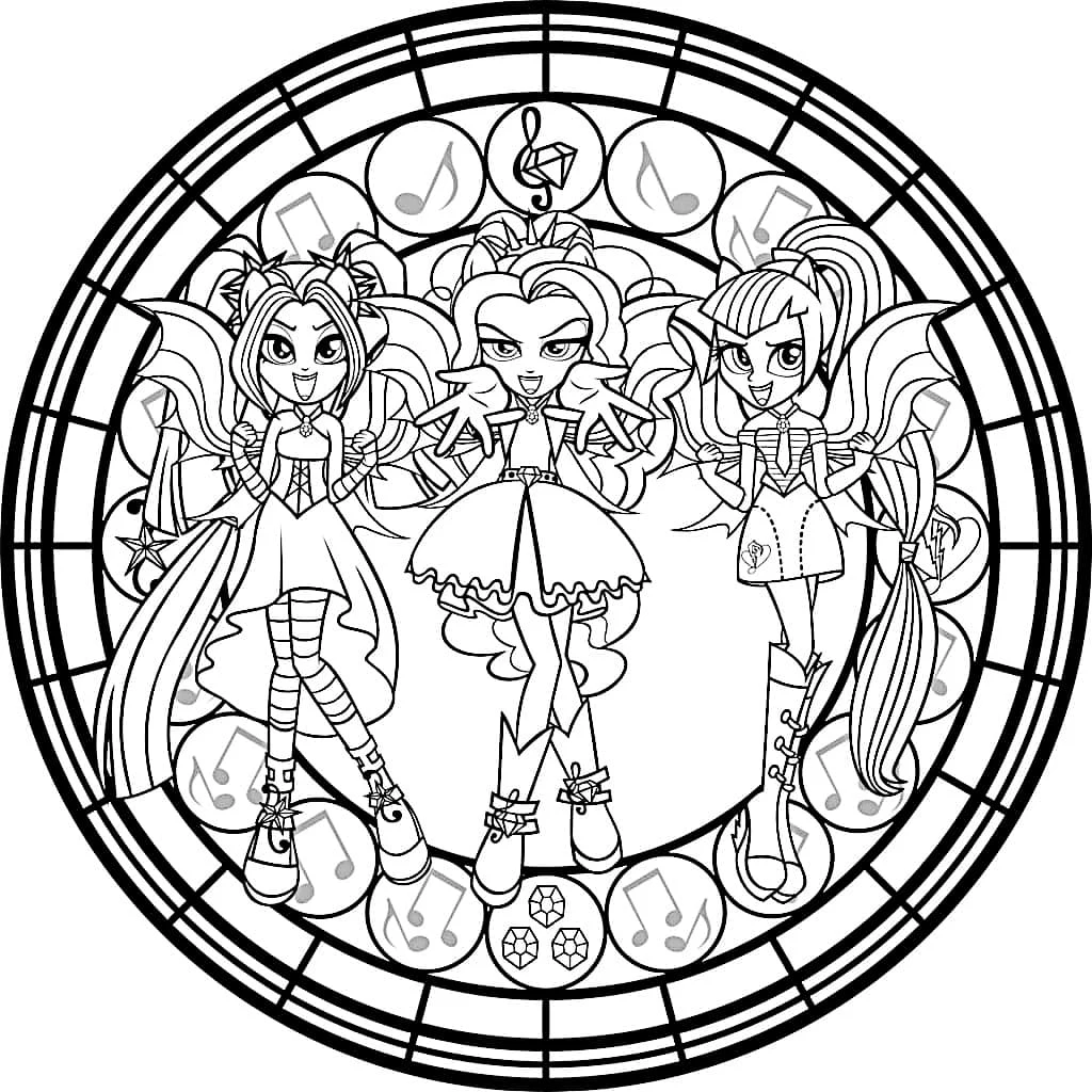 The Dazzlings mandala with musical notes coloring page