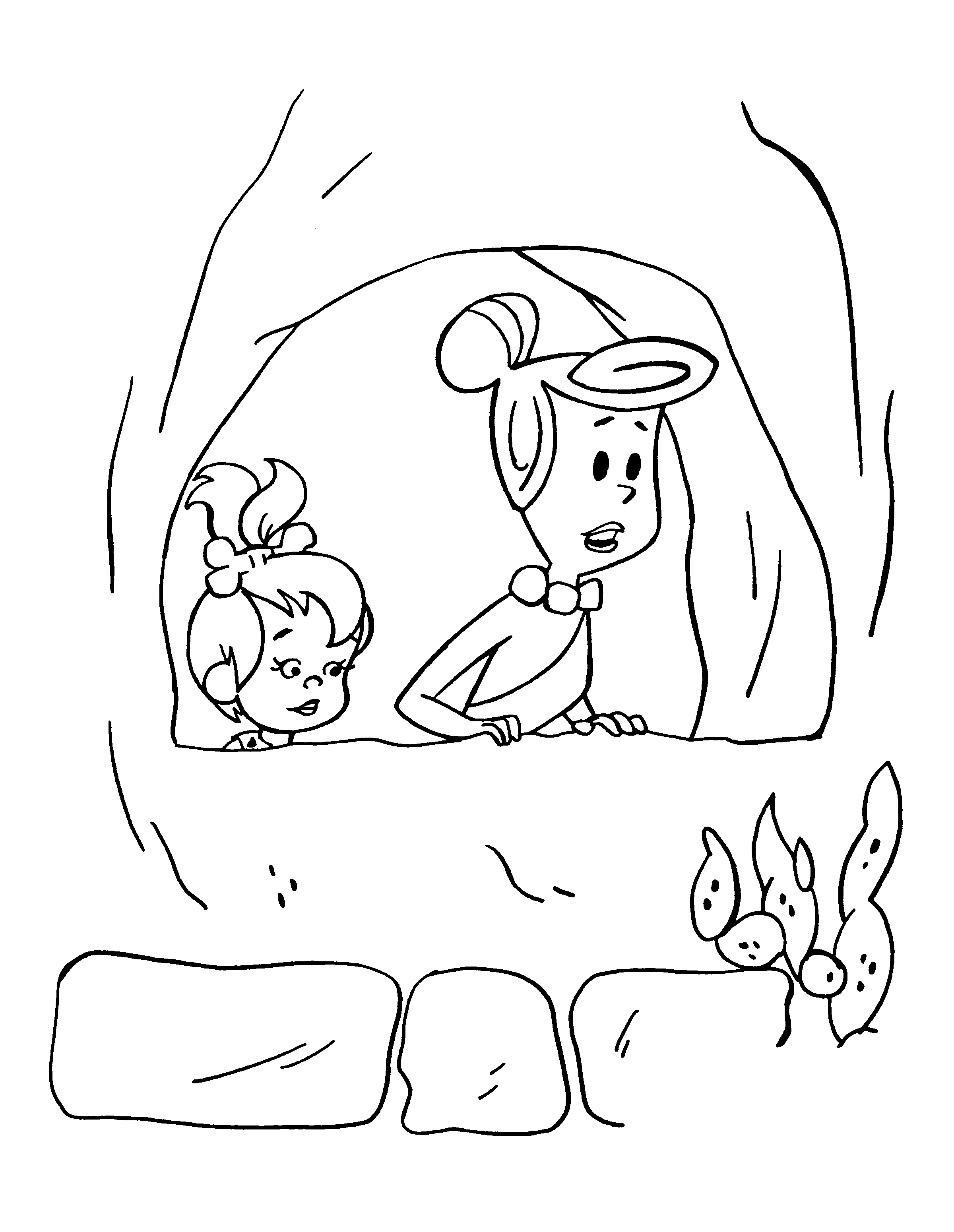Wilma Flintstone and Pebbles looking out of the cave coloring page