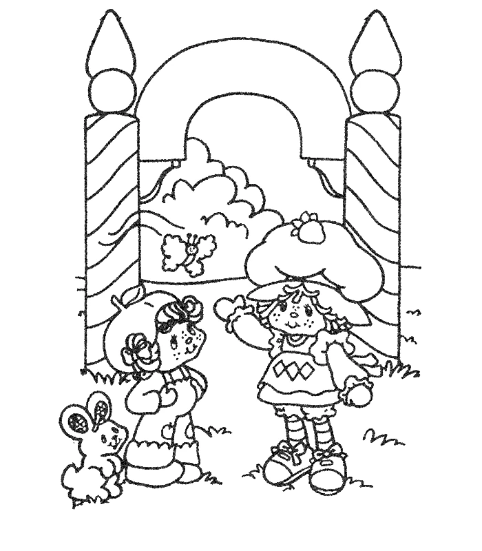 Glimmerberry Ball characters near a striped archway coloring page