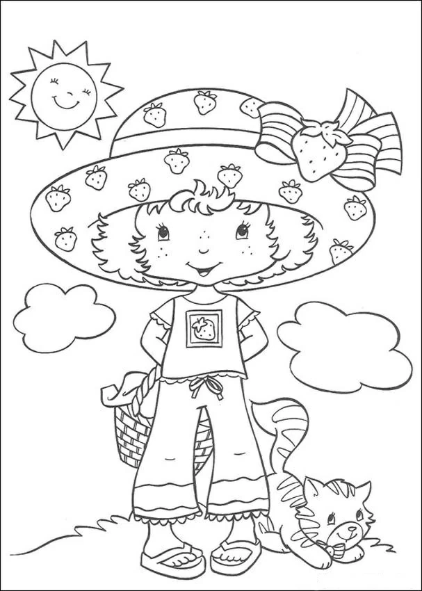 Fraisinette with her big strawberry hat and cat coloring page