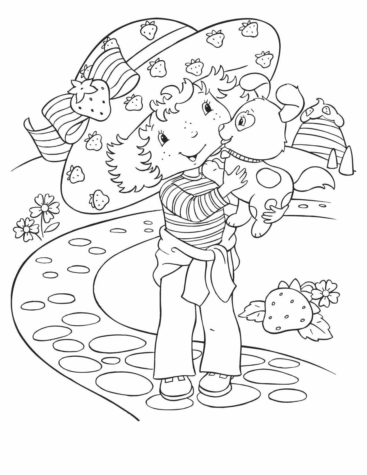 Girl with big hat holding her puppy coloring page