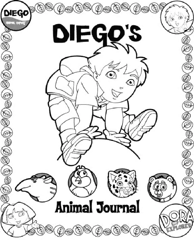 Diego crouching with his animal journal cover coloring page