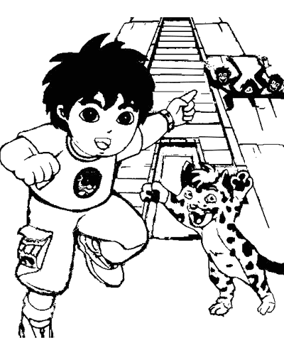 Diego running with his jaguar friend on a bridge coloring page