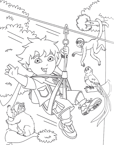 Diego zip-lining through the jungle coloring page Diego zip-lining through the jungle coloring page
