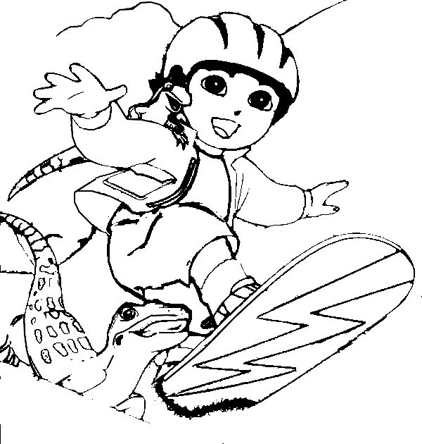 Go Diego riding a snowboard with a lizard coloring page Go Diego riding a snowboard with a lizard coloring page
