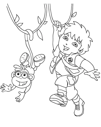 Go Diego swinging on a vine with a monkey coloring page