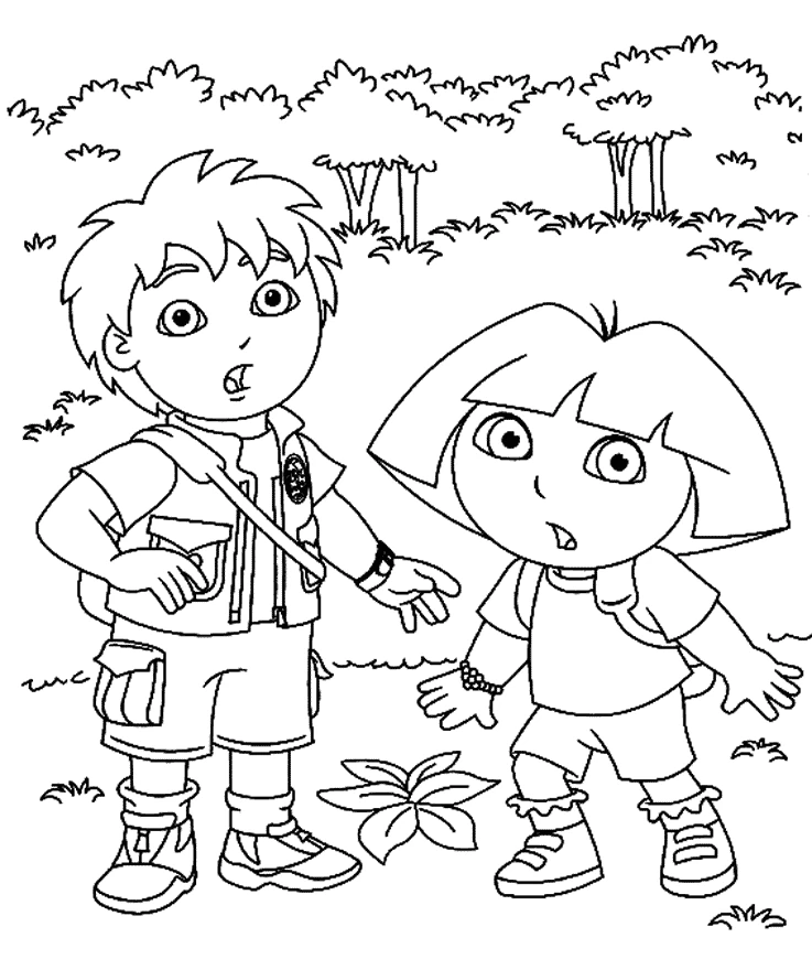 Diego and Dora exploring the jungle coloring page