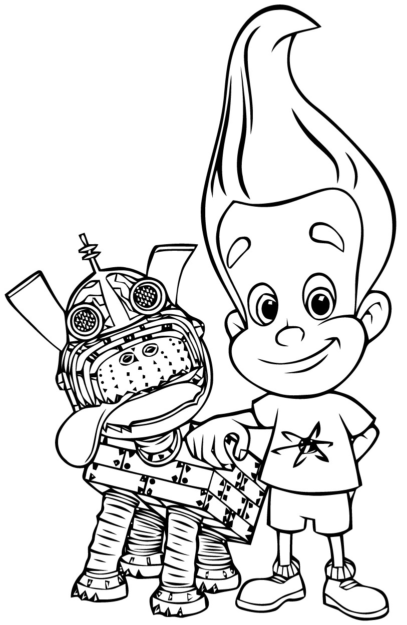 Jimmy Neutron standing next to his robot dog Goddard coloring page