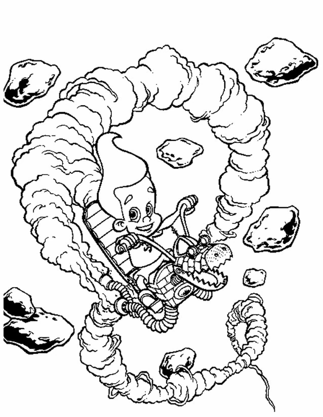 Jimmy Neutron riding through an asteroid field coloring page