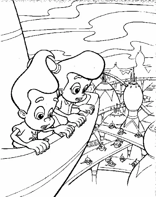 Jimmy Neutron and Sheen looking over a futuristic city coloring page