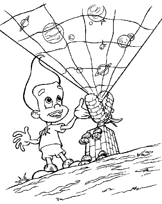 Jimmy Neutron pointing at a projected star map coloring page