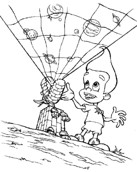 Jimmy Neutron pointing at a projected star map coloring page