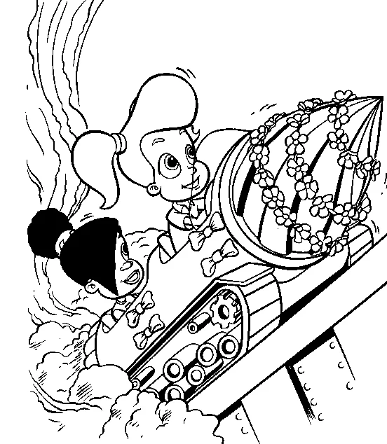 Jimmy Neutron's friends riding a rocket coloring page