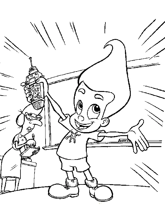 Jimmy Neutron holding up an invention coloring page