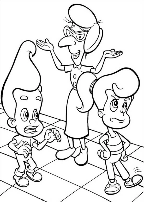 Jimmy Neutron with teacher and classmate coloring page