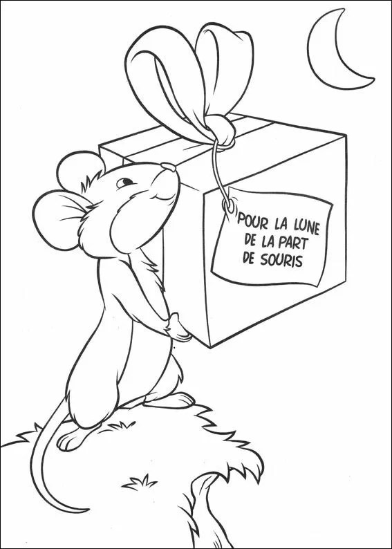 Mouse holding a gift box for the moon coloring page