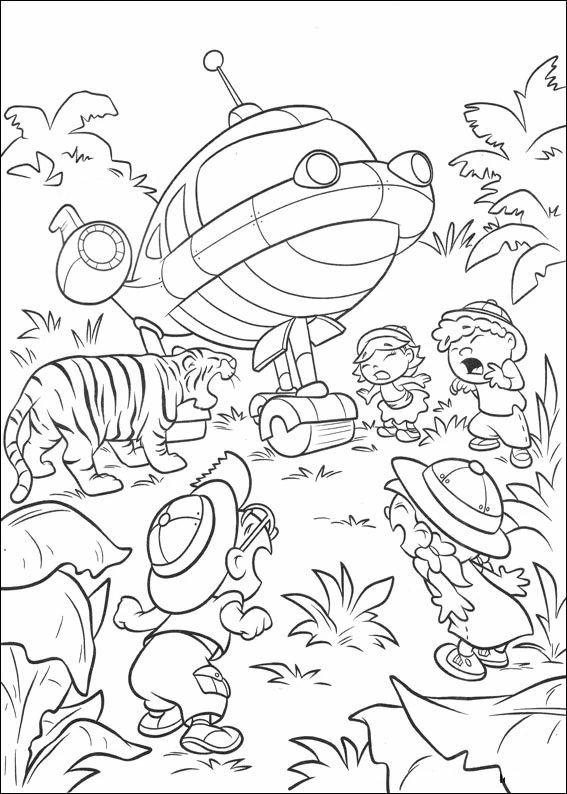 Little Einsteins meeting a tiger in the jungle coloring page