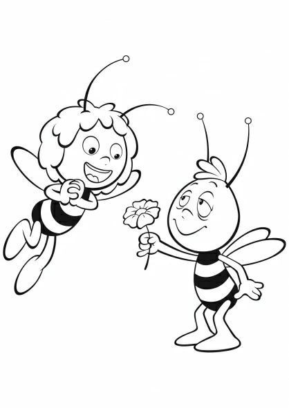 Maya the bee receiving a flower from Willy coloring page
