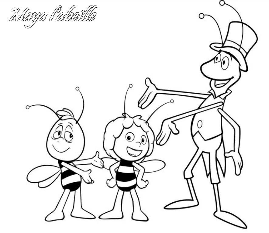 Maya the Bee, Willy and Flip greeting each other coloring page