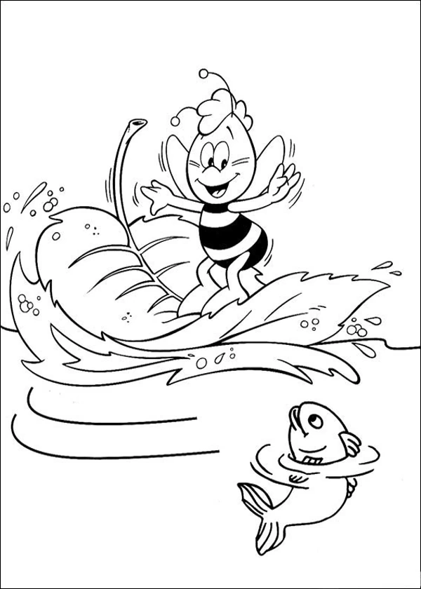 Maya the Bee surfing on a leaf coloring page