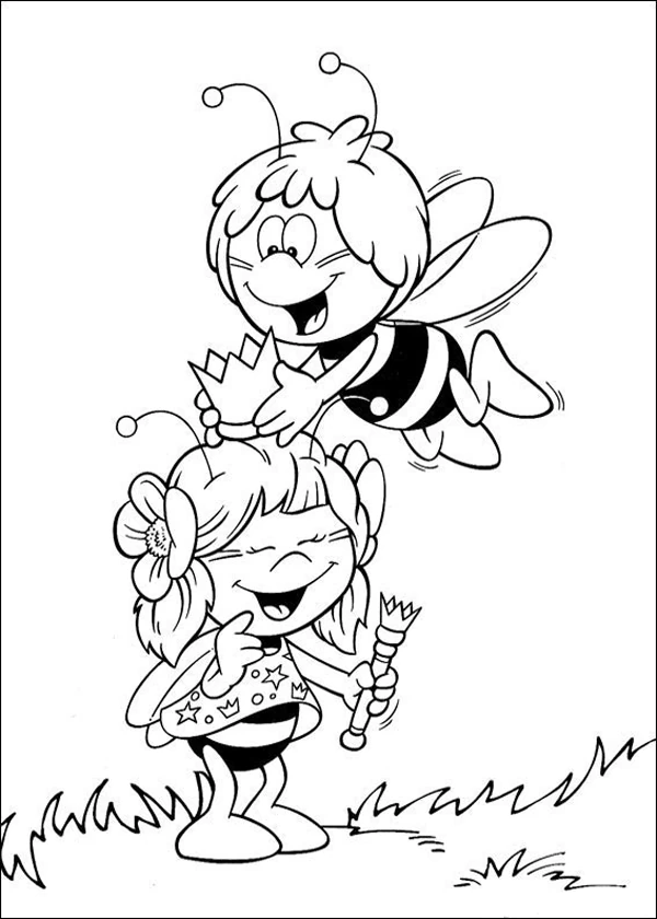 Maya the bee flying above a smiling girl coloring page