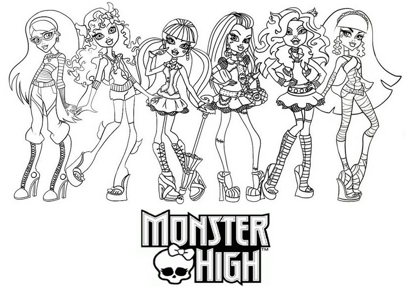 Monster High girls posing together coloring page