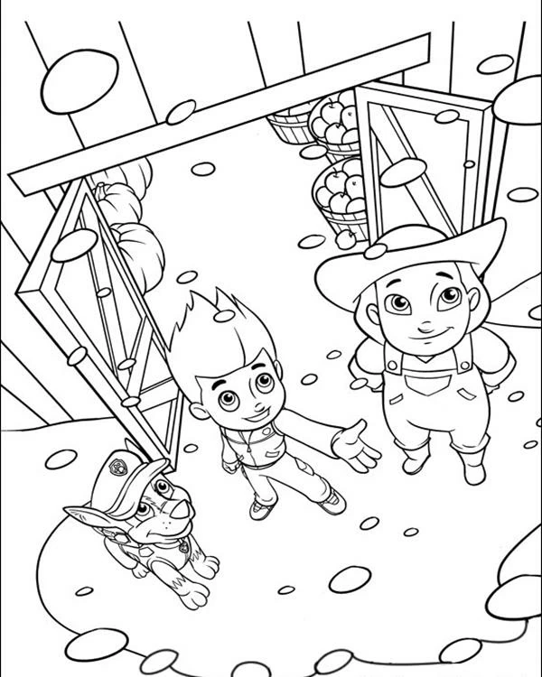 Paw Patrol Ryder and farm boy at the barn coloring page
