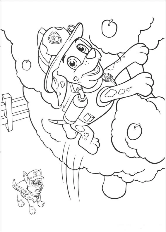 Paw Patrol - Marshall jumping through a cloud of dust coloring page