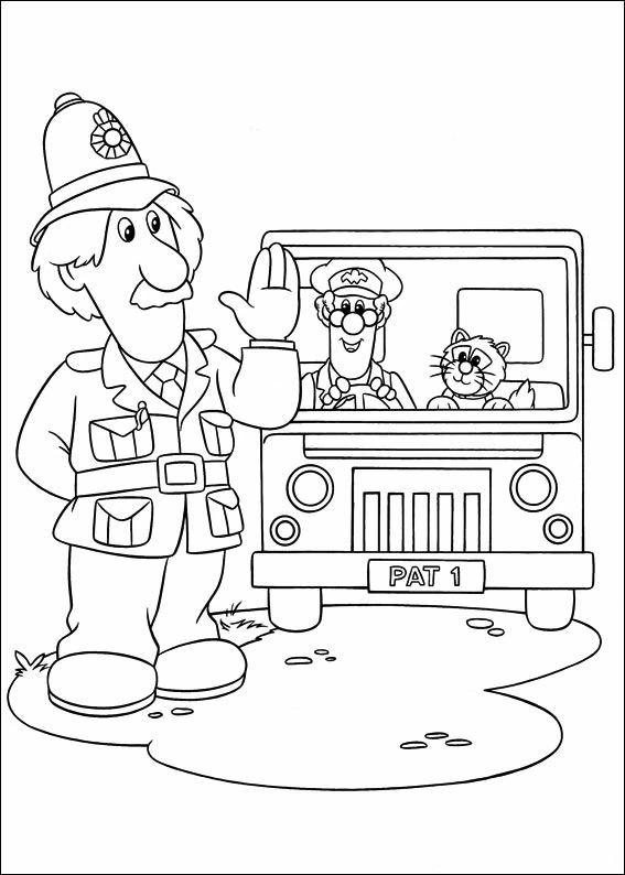 Postman Pat stopped by a policeman coloring page