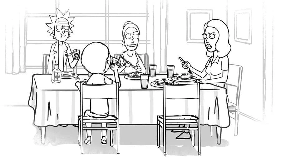 Morty's family dinner scene coloring page