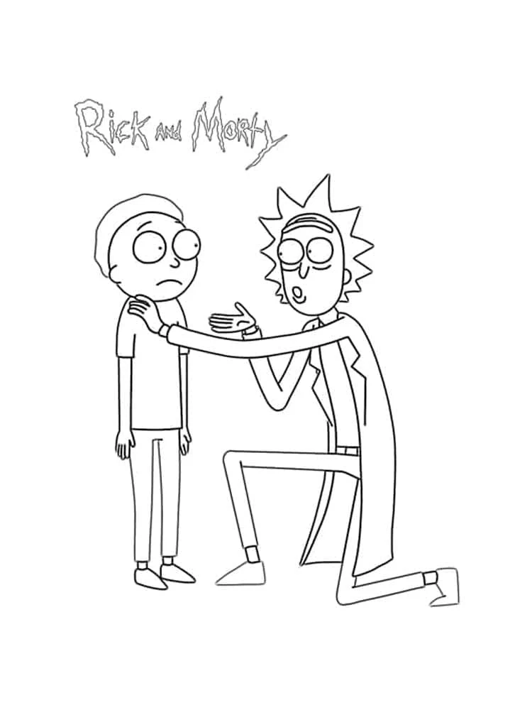 Rick kneeling beside Morty coloring page