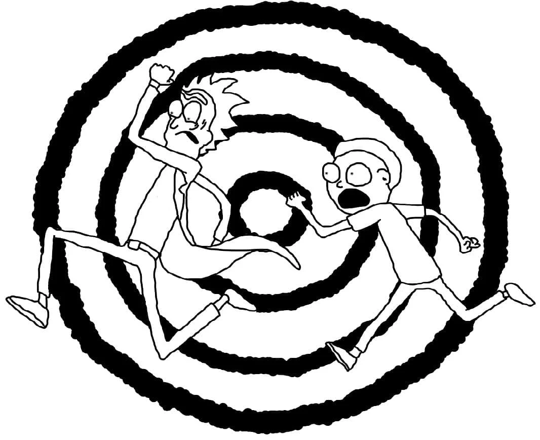 Rick and Morty running through a portal coloring page