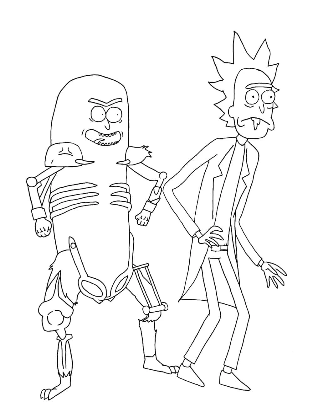 Rick Sanchez and Pickle Rick standing together coloring page