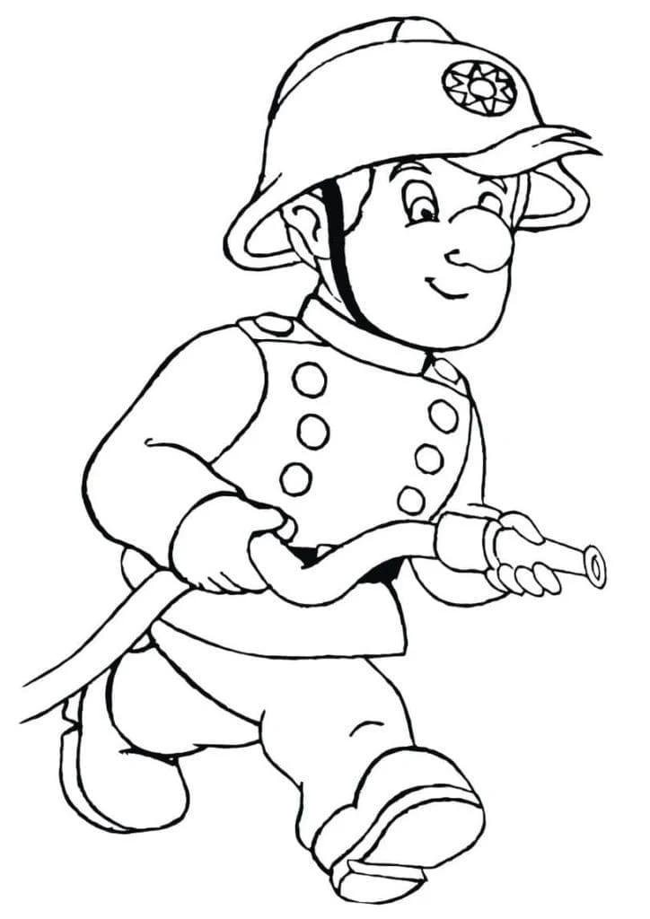 Sam the Fireman running with a hose coloring page