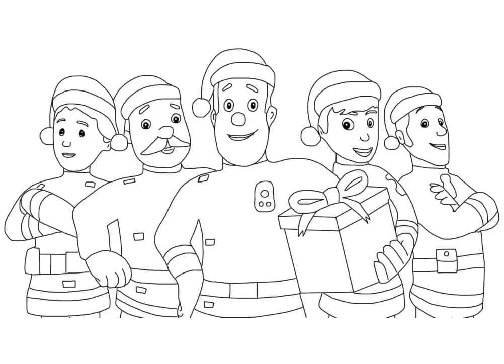 Sam the Fireman and friends wearing Santa hats coloring page