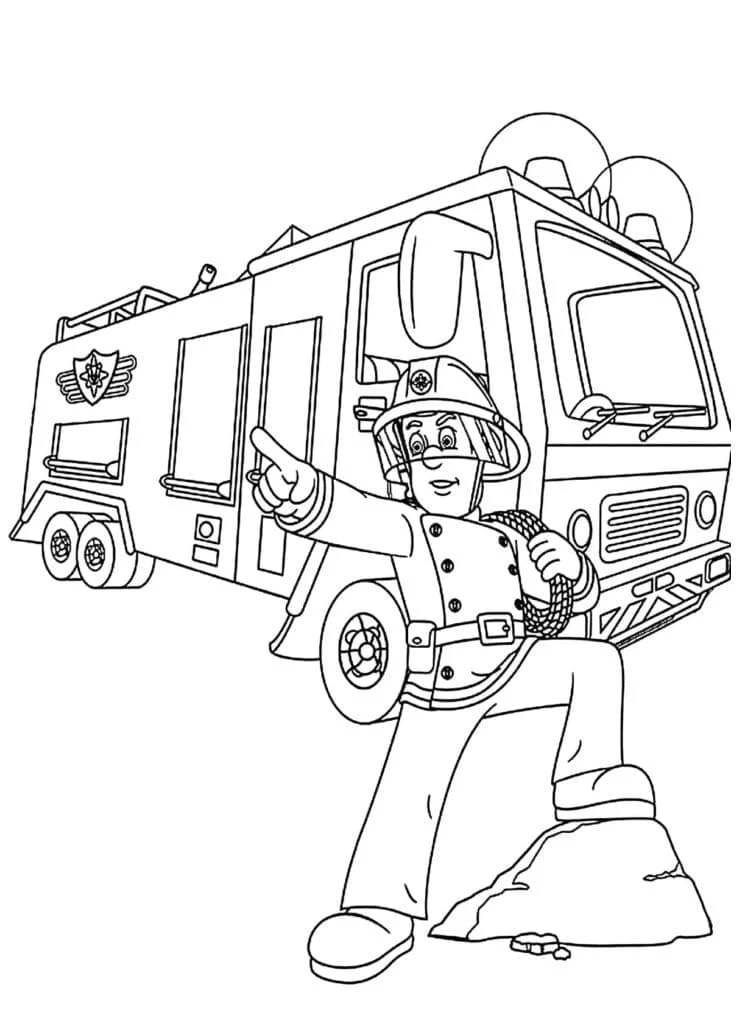 Sam the Fireman pointing near his fire truck coloring page