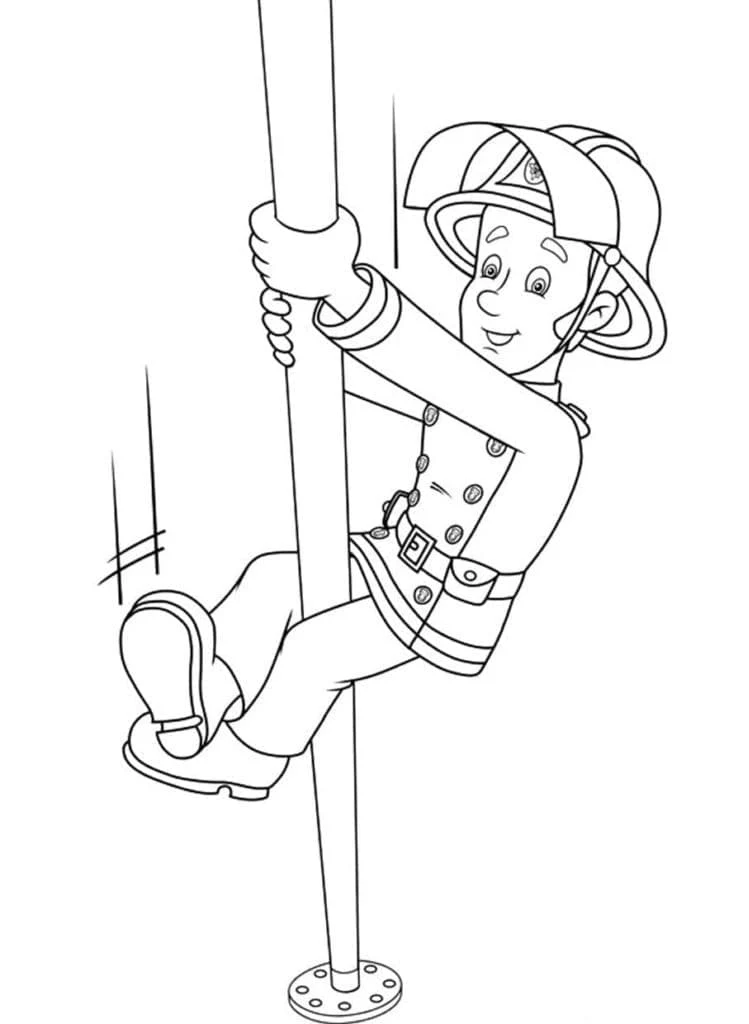 Sam the Fireman sliding down the pole coloring page