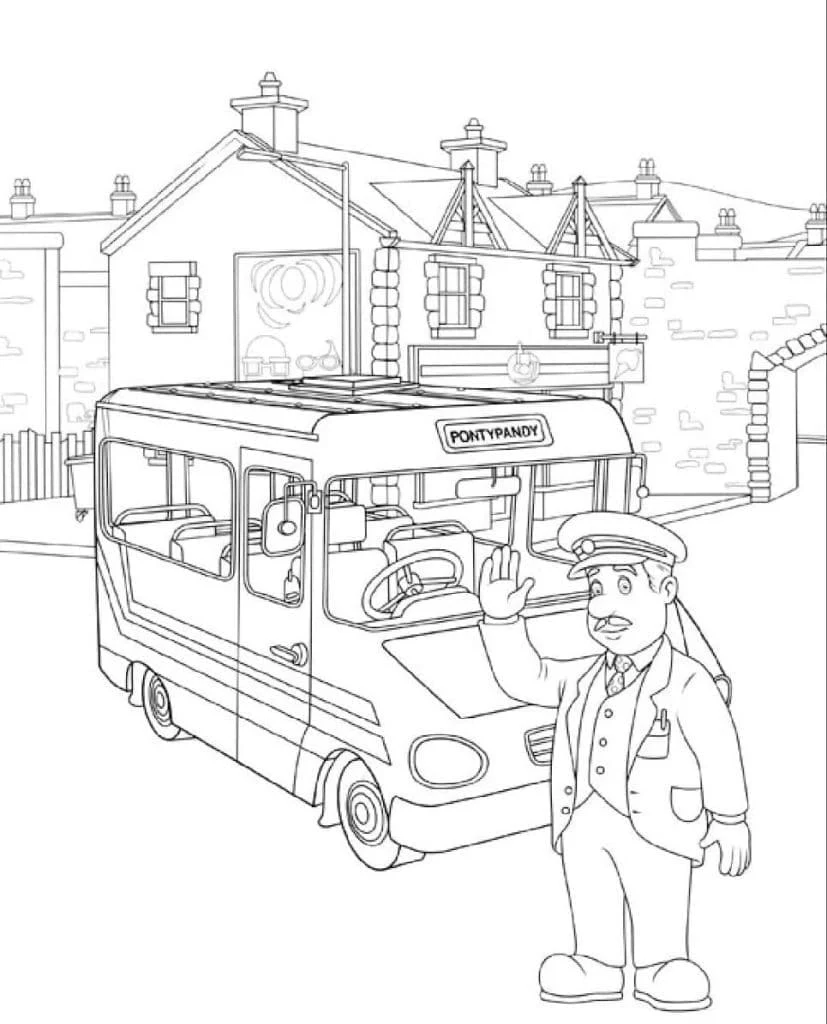 Trevor Evans and the Pontypandy bus coloring page
