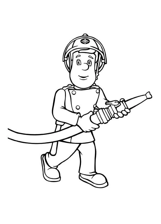 Sam the Fireman holding a hose coloring page