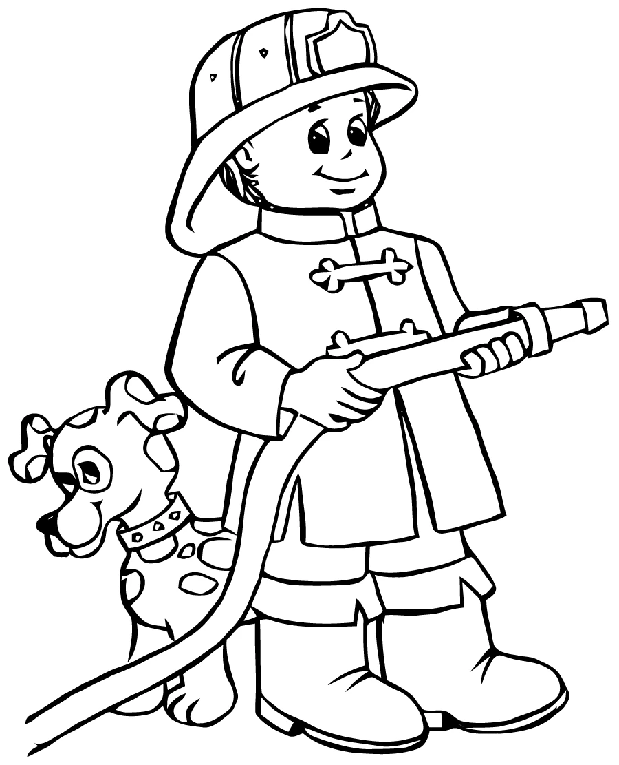 Sam the Fireman with hose and dalmatian dog coloring page